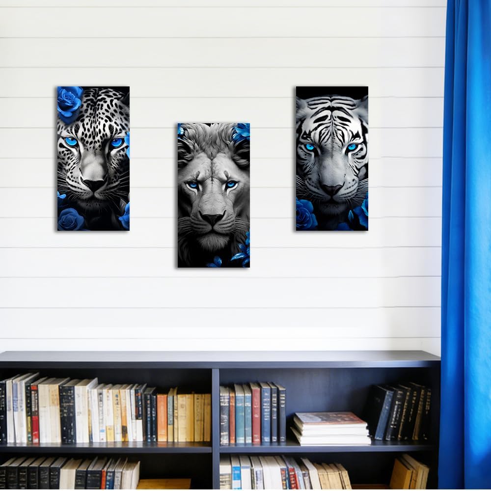 Lion Tiger Leopard Canvas Wall Art Set of 3 Black White Blue Decor Print Wildlife with Flowers Pictures Bedroom
