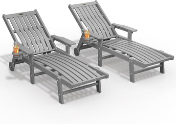 Outdoor Chaise Lounge Chair Set of 2,HDPE lounge chair outdoor with Wheels | Oversized pool lounge chairs with cup
