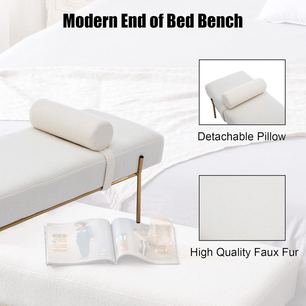Modern End of Bed Bench, Upholstered Entryway Bench with Detachable Pillow , Faux Fur Ottoman Bench with Gold Metal