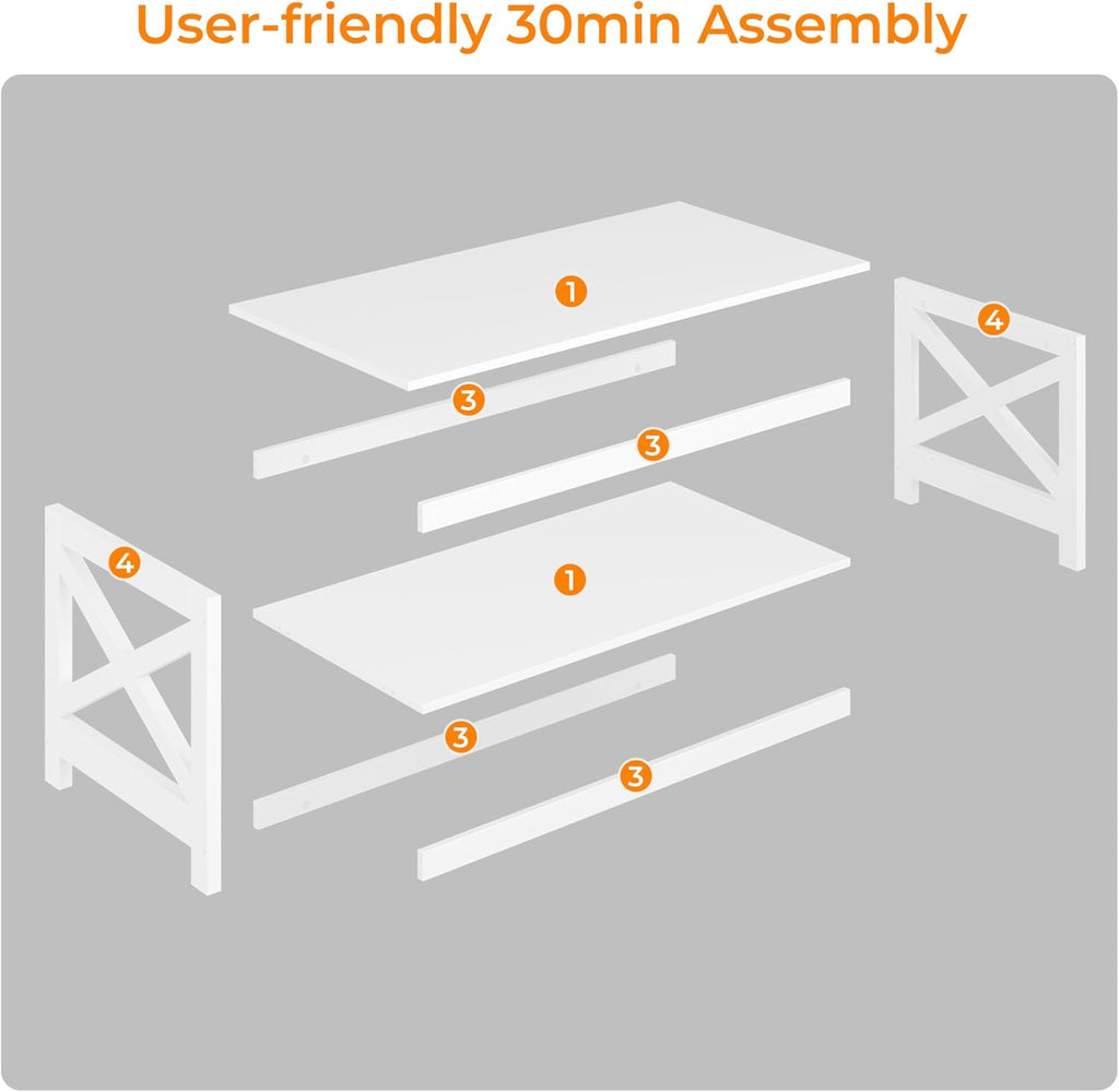 Wood 2-Tier White Coffee Table with Storage Shelf, X Design Accent Cocktail Table, Simple Design Home Furniture