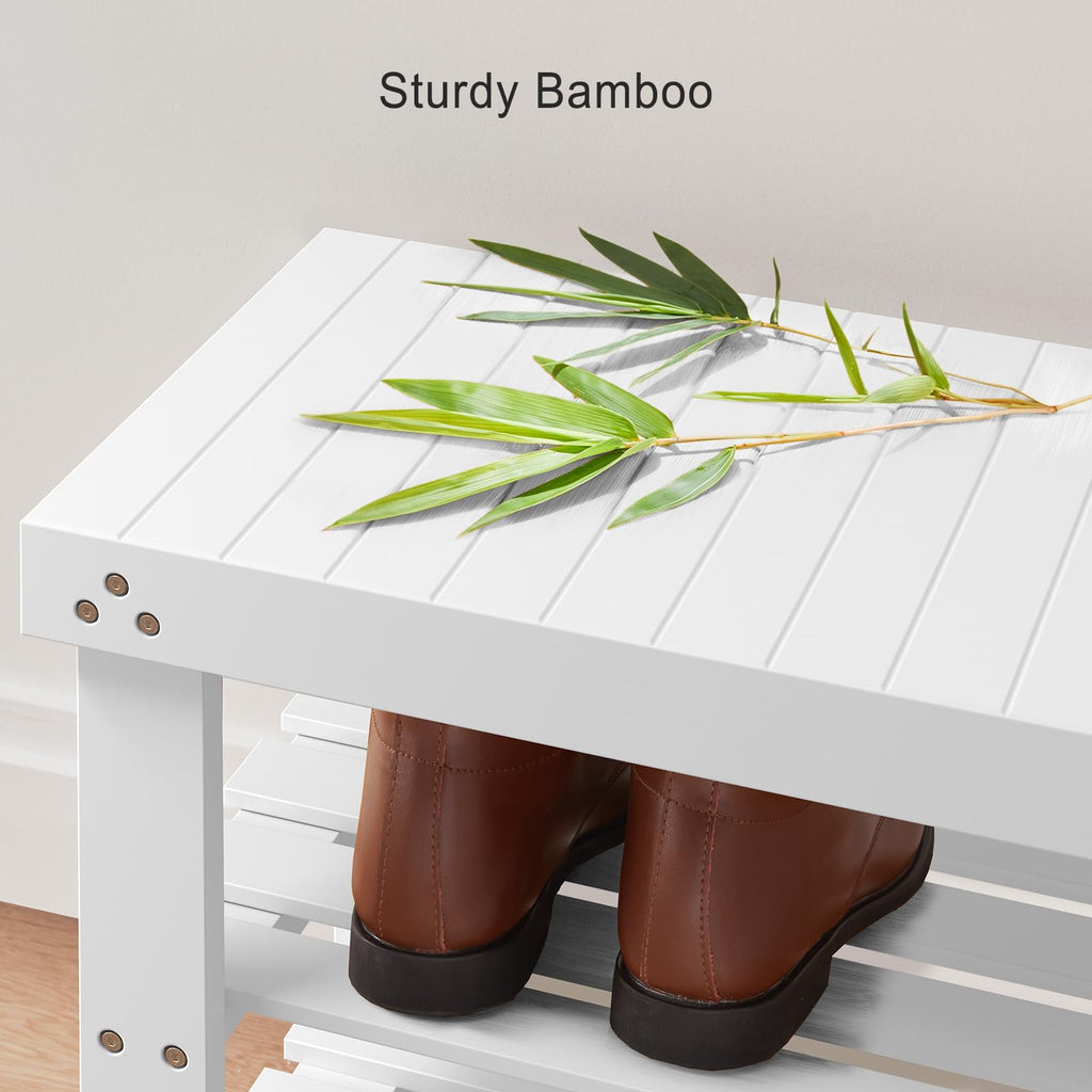3 Tier Bamboo Shoe Rack Bench, White