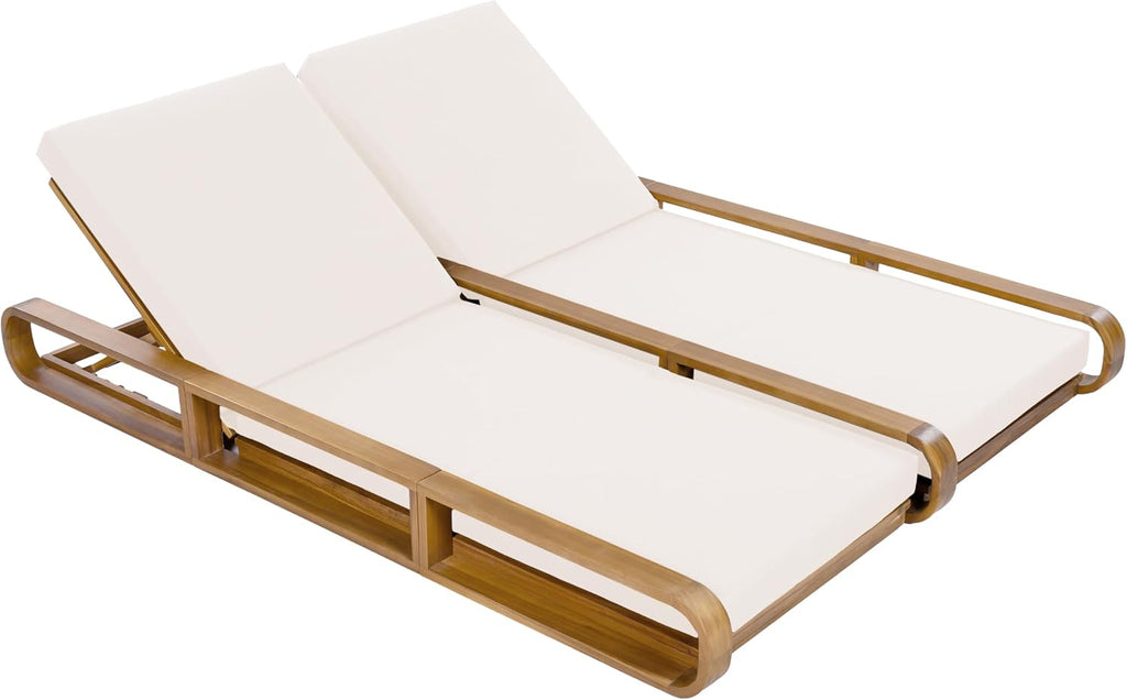 Double Chaise Lounge Chair Outdoor with 4-Position Adjustable Backrest for Each Seat & 3-Fold Cushions, Acacia Wood