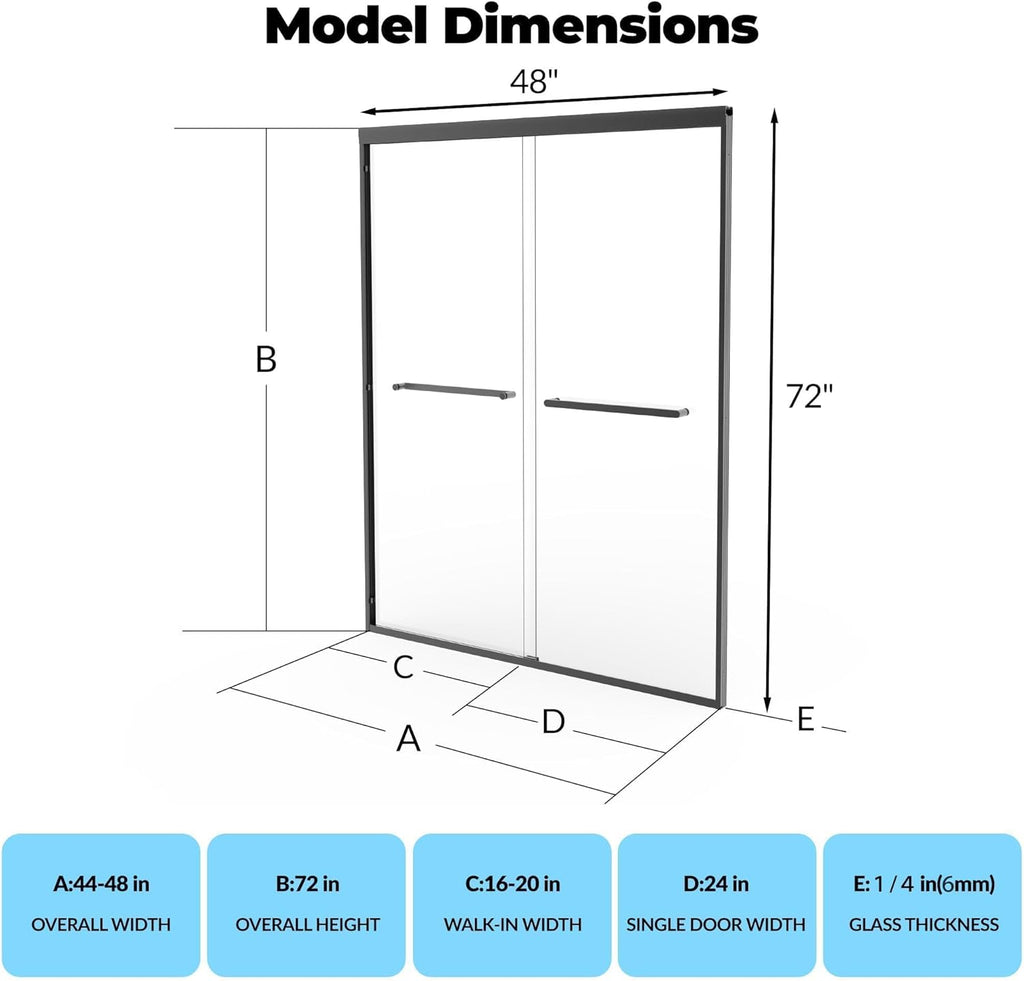 44" - 48" W x 72" H Semi-Frameless Double Sliding Shower Door