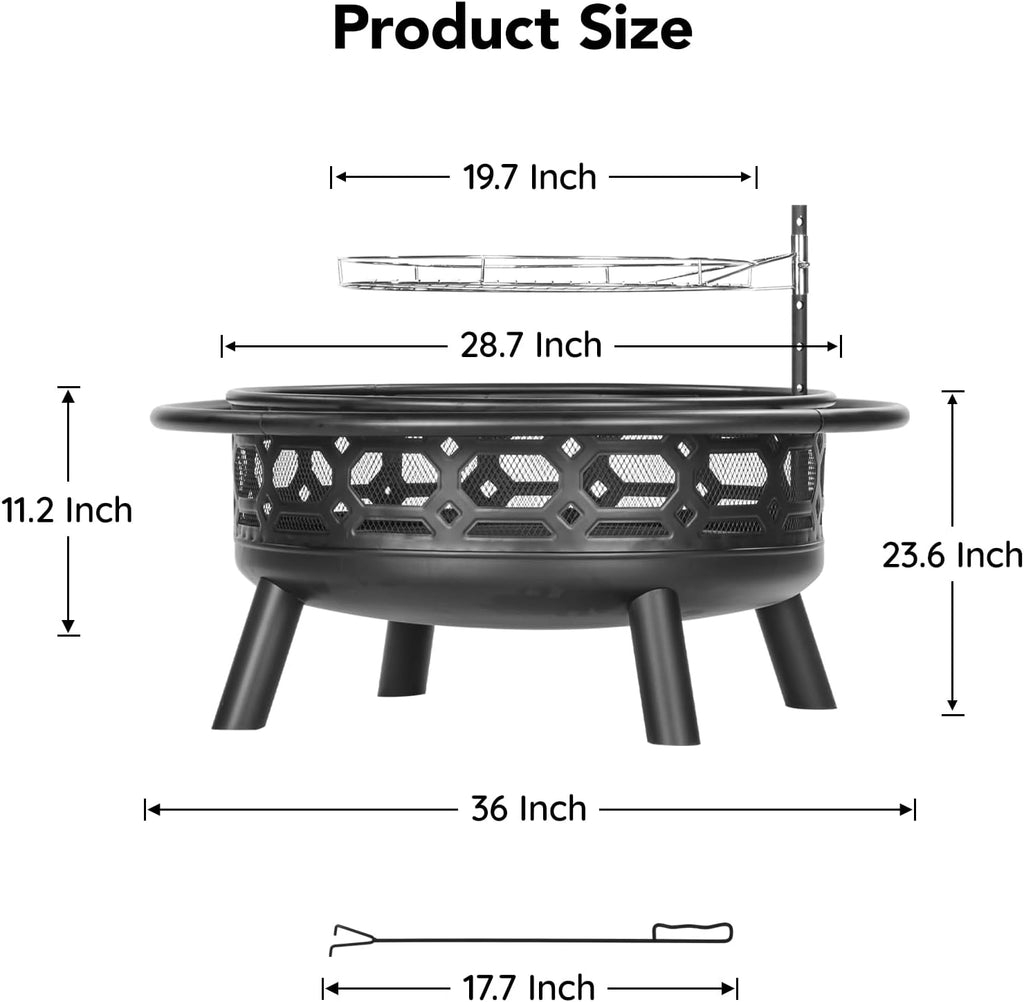 36 Inch Fire Pit - Wood Burning with Grill