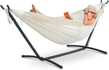 9FT Double Hammock with Sturdy Steel Stand and Durable Fabric, Camping Lace Hammocks Include Portable Carrying Case