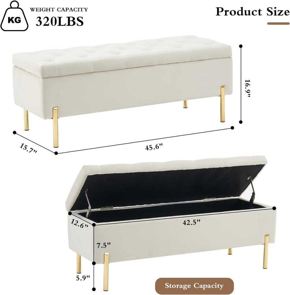 45.6 Inch Velvet Storage Bench Upholstered Tufted Settee Ottoman Bench with Storage, Bed End Bench with Soft Close