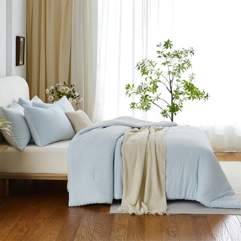 Blue Seersucker Comforter Striped Reversible Minky Dot Bedding Set