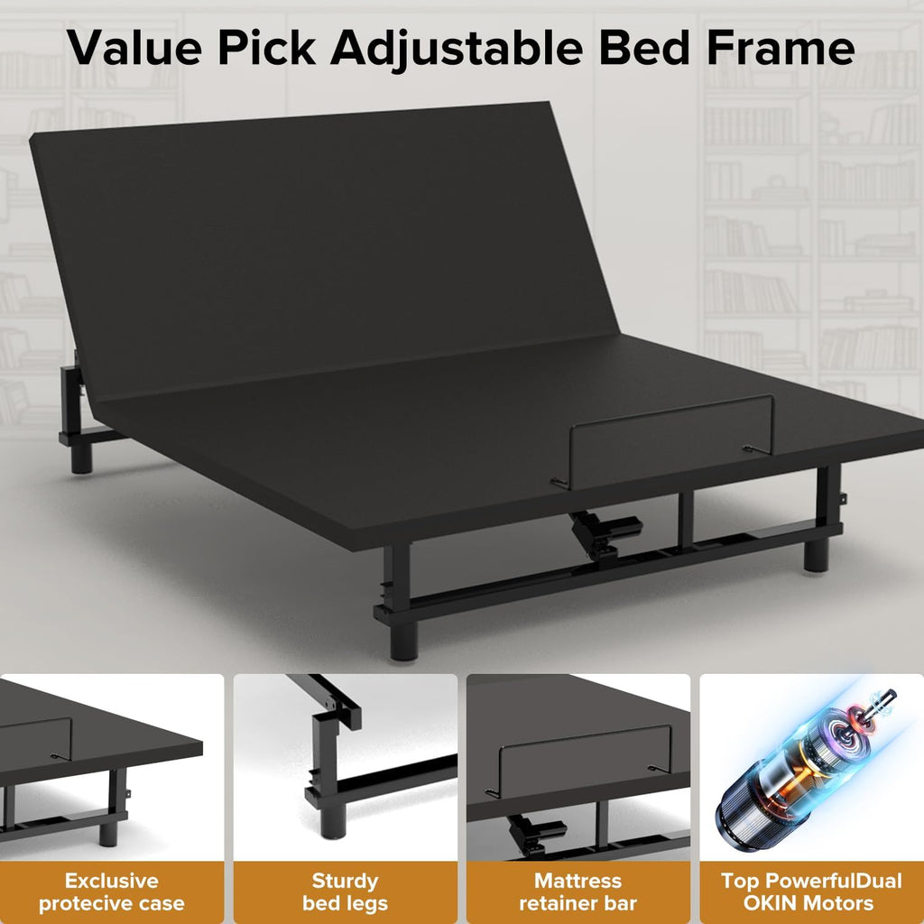 King Adjustable Bed Base Frame with Wireless Remote, King Size Bedframe with USB Charging Ports & Underbed Lighting