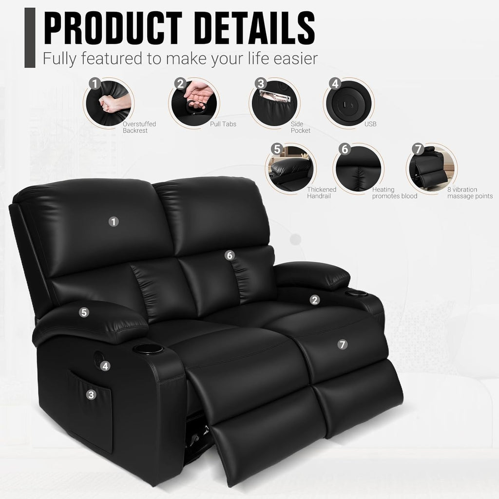 Home Theater Seating,RV Recliner Sofa with Massage and Heat,Manual RV Recliner Loveseat with USB/Cup Holders