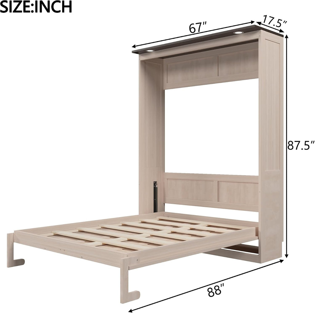 Murphy Bed with LED, Solid Wood Wall Bed, Converts to Cabinet for Space Saving, Queen, Beige