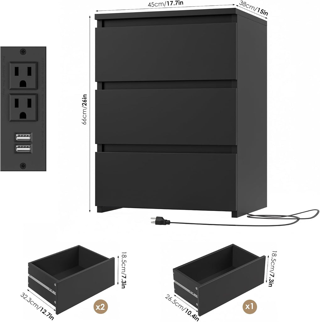 Nightstands Set of 2, 26" H Tall Black Night Stand with Charging Station & 3 Drawers, Modern Bedside Table Set 2 with