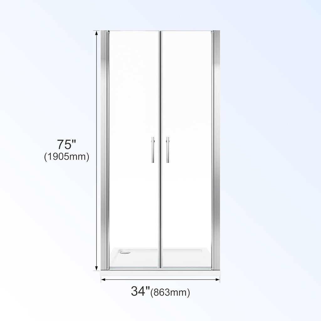 Pivot Shower Door 34" W x 75" H, 1/4" Tempered Glass Double Swing Shower Door, Frameless Pivot Swing Glass Door