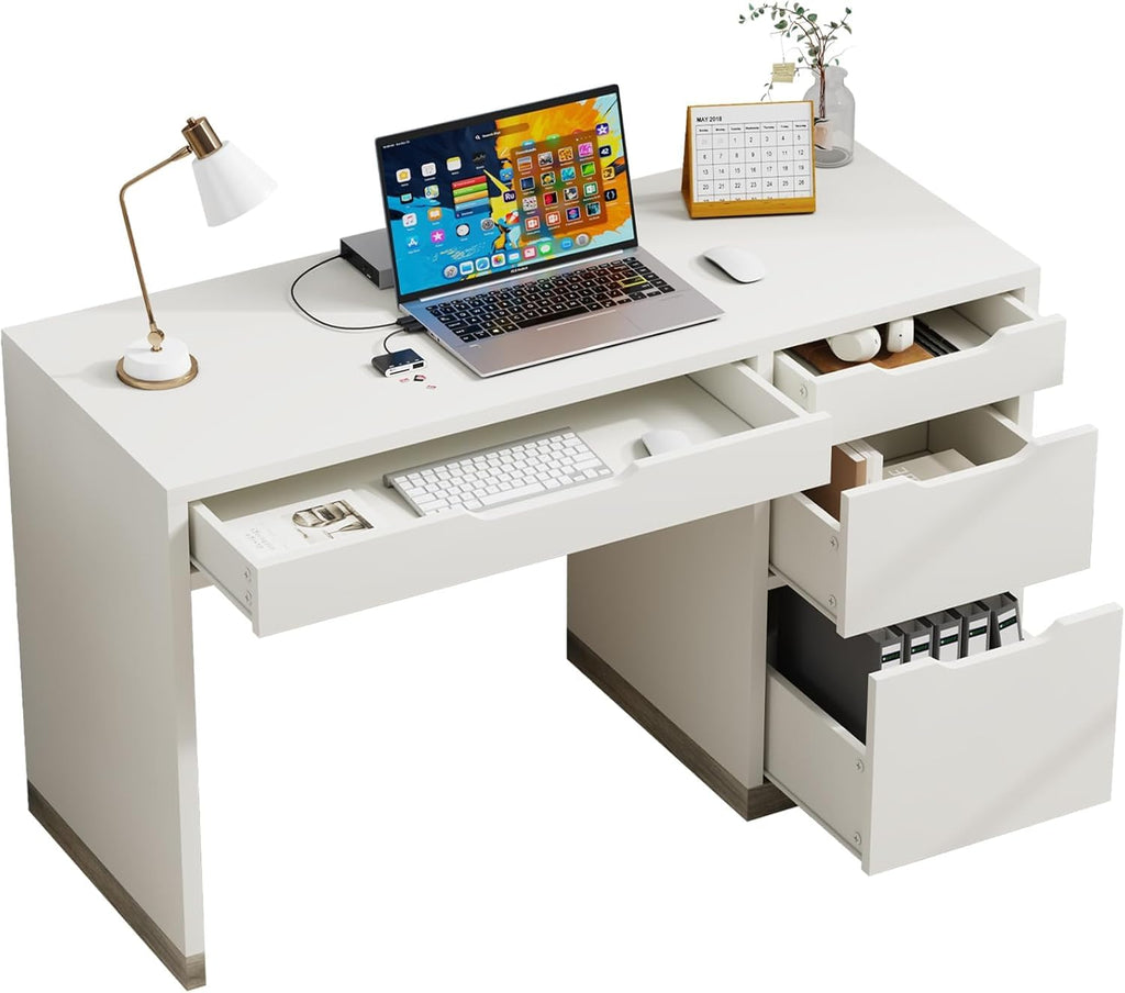 52 Inch White Desk with 4 Drawers, Computer Desk with Storage for Small Spaces with Storage File Cabinet