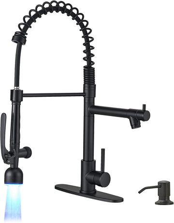 LED Commercial Kitchen Faucets with Pull Down Sprayer Matte Black | Single Handle Faucet Sink, Kitchen Faucet with