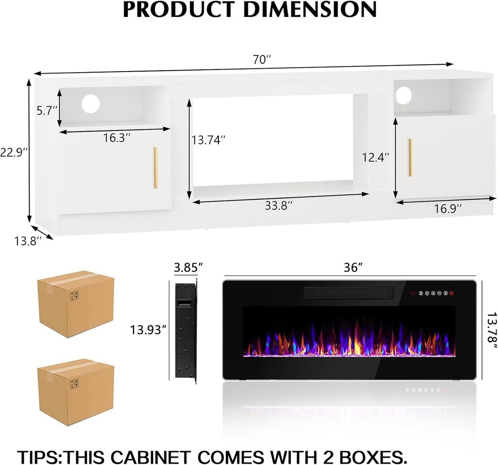Fireplace tv Stand with 36 inch Fireplace Up to 80" TVs,LED Light Entertainment Center and Storage, 70" Modern Wood Media TV Console with Highlight Cabinet for Living Room (White)
