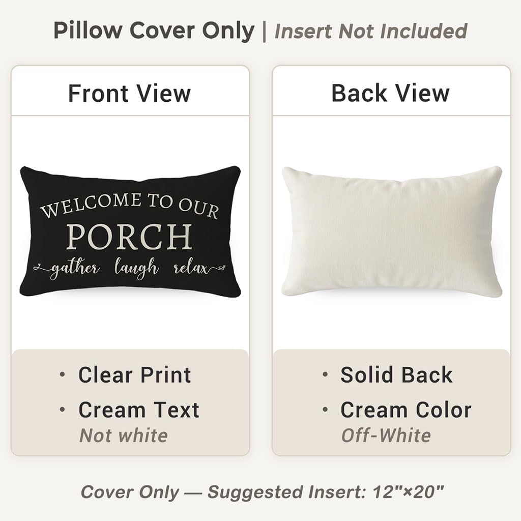 Welcome to Our Porch Stay Awhile Farmhouse Black and White Outdoor Lumbar Decorative Throw Pillow Covers 12x20 Inch
