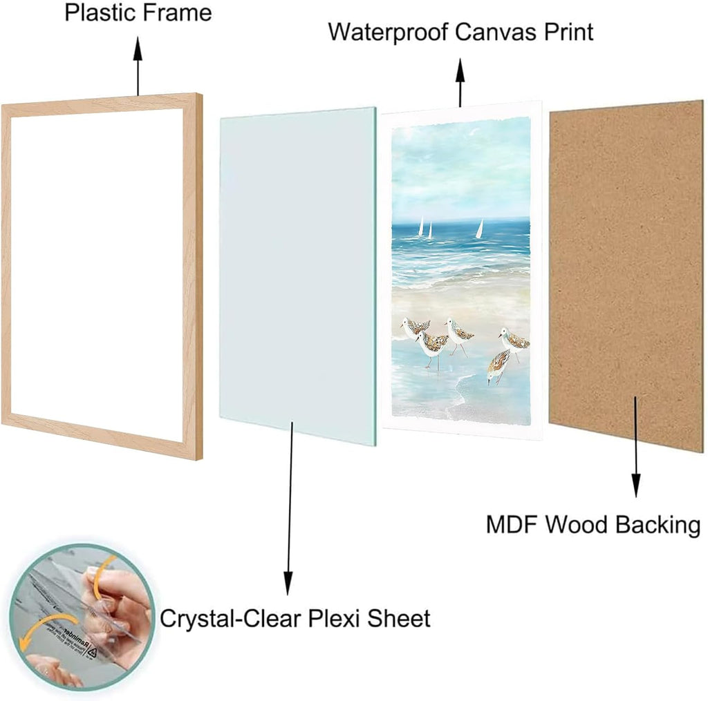 Framed Beach Wall Art Set of 2, Coastal Canvas Prints with Solid Wood Frame & Acrylic Cover, Ocean Seaside Painting