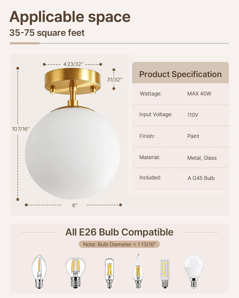 Semi Flush Mount Ceiling Light 8" Globe Mid Century Modern Light Fixture Milk Glass with Gold Brass Finish Light