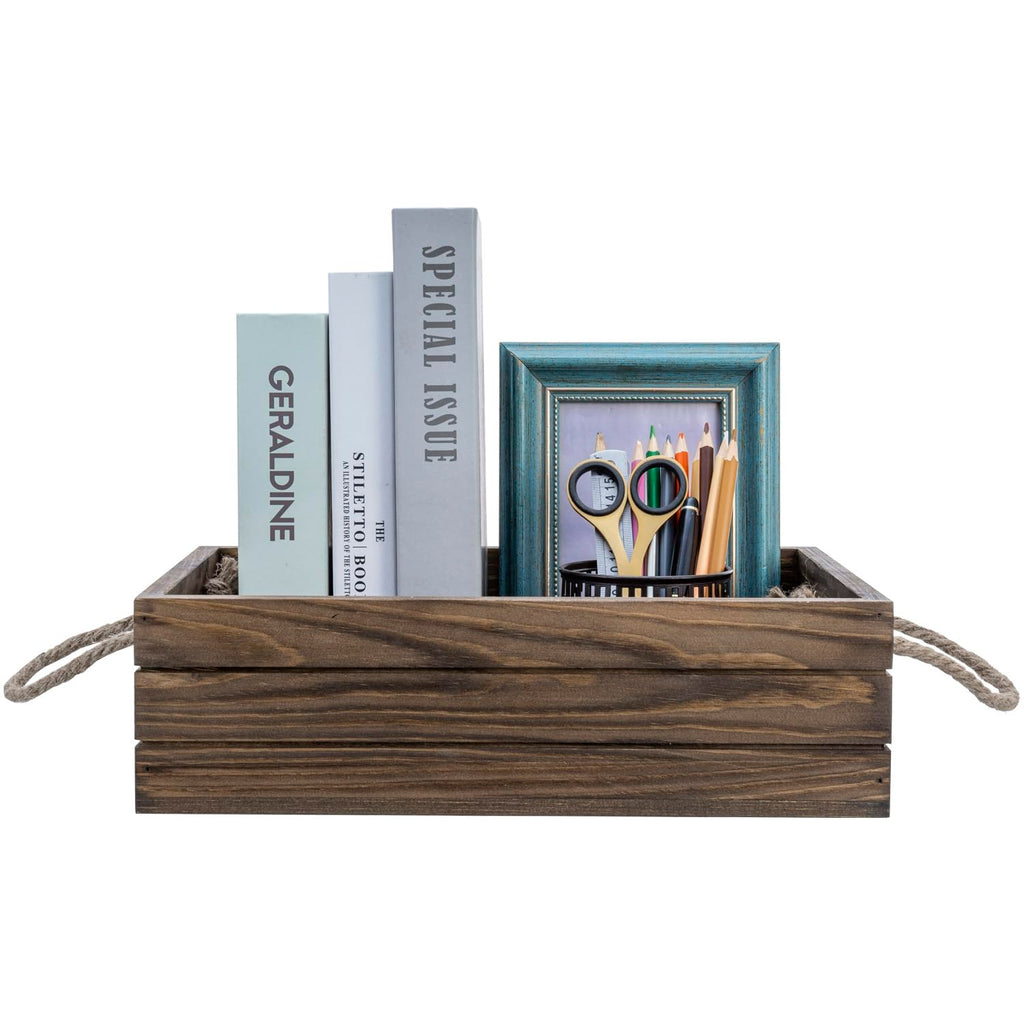 Rustic Brown Wood Storage Bin with Rope Handles Open Crate Box