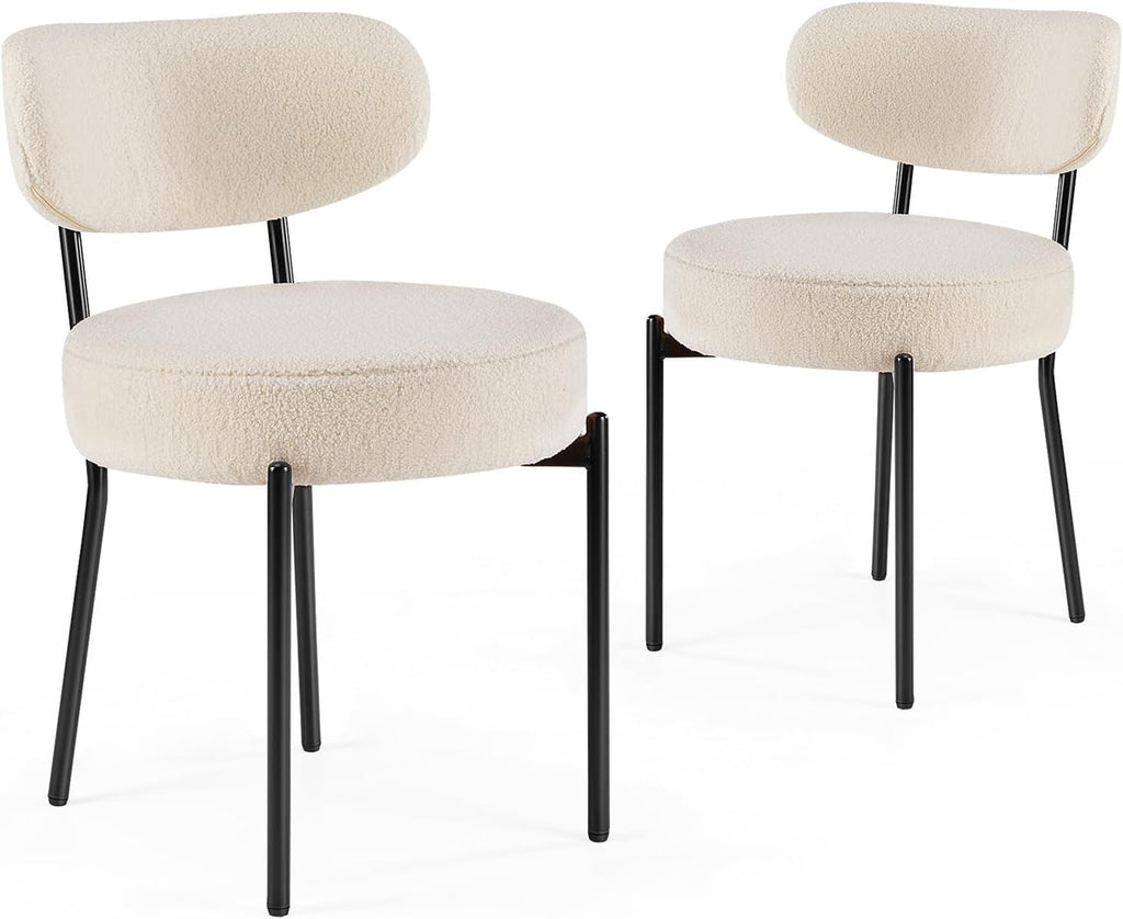 Dining Chairs Set of 2, Mid Century Modern Boucle Upholstered Kitchen Chair with Curved Backrest & Metal Legs for
