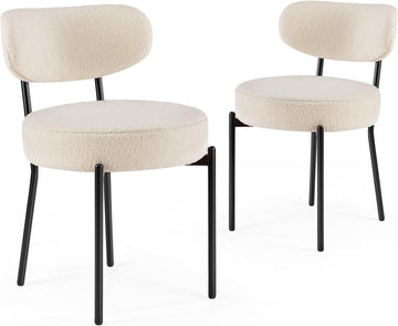 Dining Chairs Set of 2, Mid Century Modern Boucle Upholstered Kitchen Chair with Curved Backrest & Metal Legs for Home/Living Room/Bedroom/Office-White