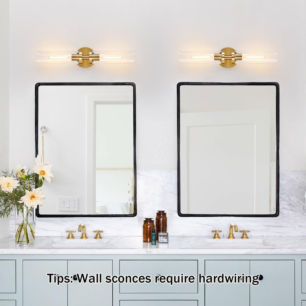 Wall Sconces Set of Two, Hardwired Brushed Gold Bathroom Sconces Wall Lighting with Clear Glass, Modern Sconces Wall