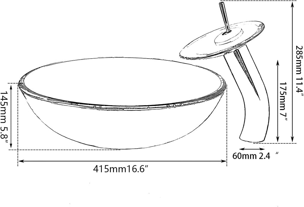 Clear Glass Vessel Sink with Chrome Faucet and Pop-Up Drain Set 17 Inch Round Bathroom Tempered Glass Basin Top Mount