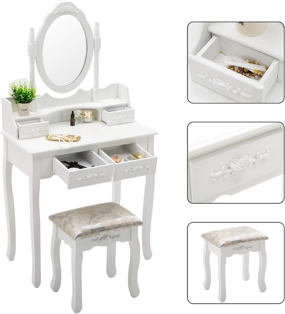 Makeup Vanity Table Set and Cushioned Stool with Oval Mirror, 4 Drawers Dressing Table (White)
