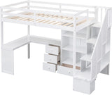 Wood Loft Bed Twin, Multifunctional Twin Bed Frame with L-Shaped Desk and Drawers, Cabinet and Storage Staircase, White