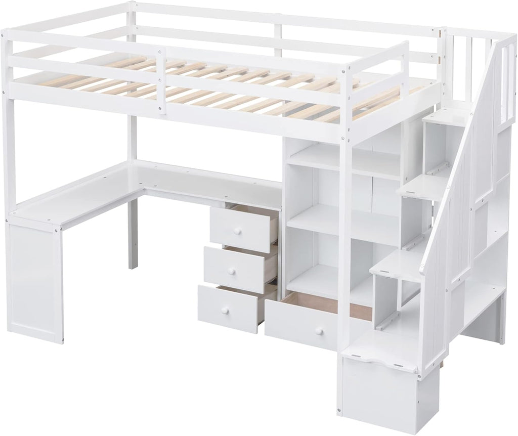 Twin Loft Bed with L Shaped Desk, Storage Drawers and Bookcase