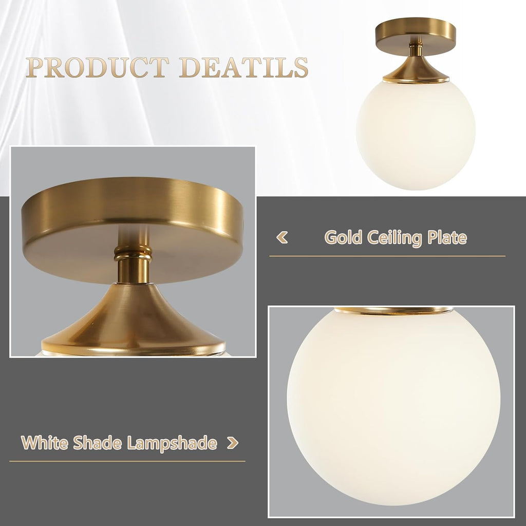 Brass Gold Small 5.9" Milk Glass Globe Semi Flush Mount Ceiling Light | E26 Hardwired Indoor, Mid Century Modern