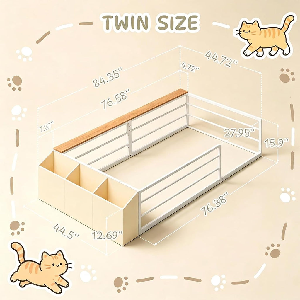 Twin Montessori Floor Bed Frame with Storage | Storage Organizer and Side Shelf, High Guardrail and Wide Entrance, No