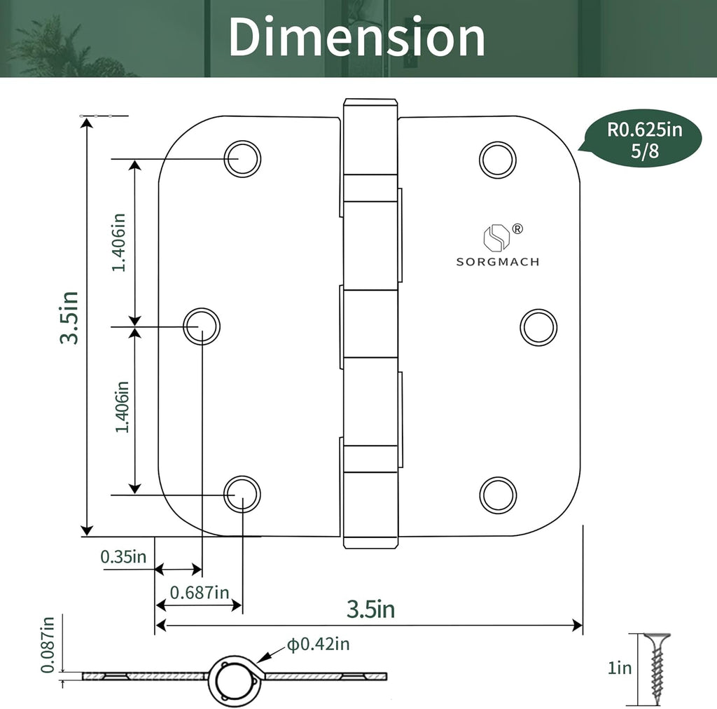 304 Stainless Steel 3.5 Inch Door Hinges Brushed Satin Nickel Interior Hinges 5/8" Radius Corners 3.5'' Ball Bearing