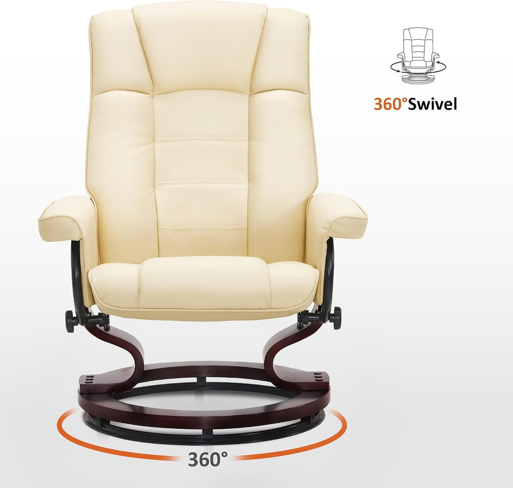 Modern Reclining Swivel Lounge Chair and Ottoman — White Faux Leather