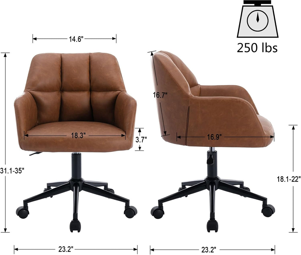 Brown Home Office Desk Chair with Wheels Faux Leather Swivel Desk Chair Upholstered Adjustable Task Armchair for Teens Bedroom Livingroom with Comfy Square Tufted Mid-Back