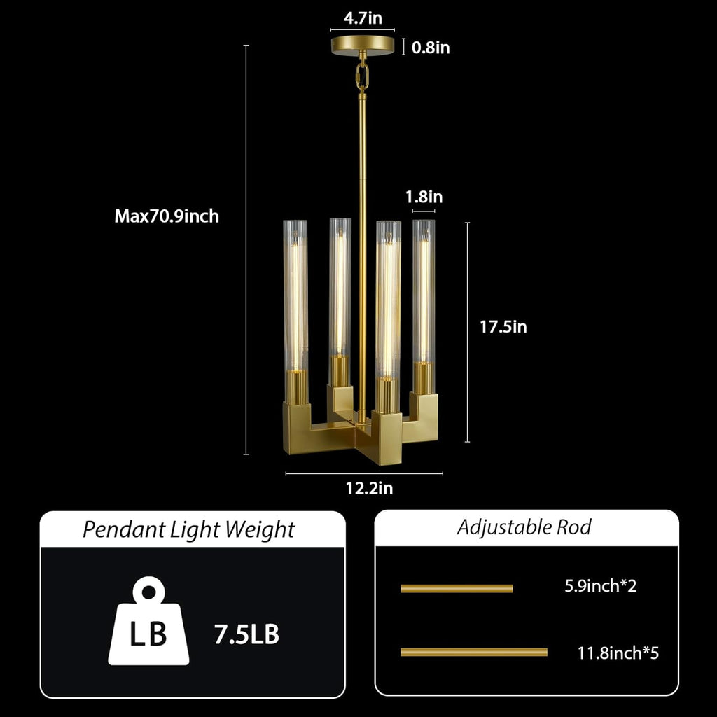 Inspired Cannele Style 4-Light Chandelier,Glass Tube Brass Pendant Lights Kitchen Island,Modern Farmhouse Pendant Light,Gold Kitchen Pendant Lighting Over Island,Indoor Chandeliers for Dining Room,Bedroom,Entryway