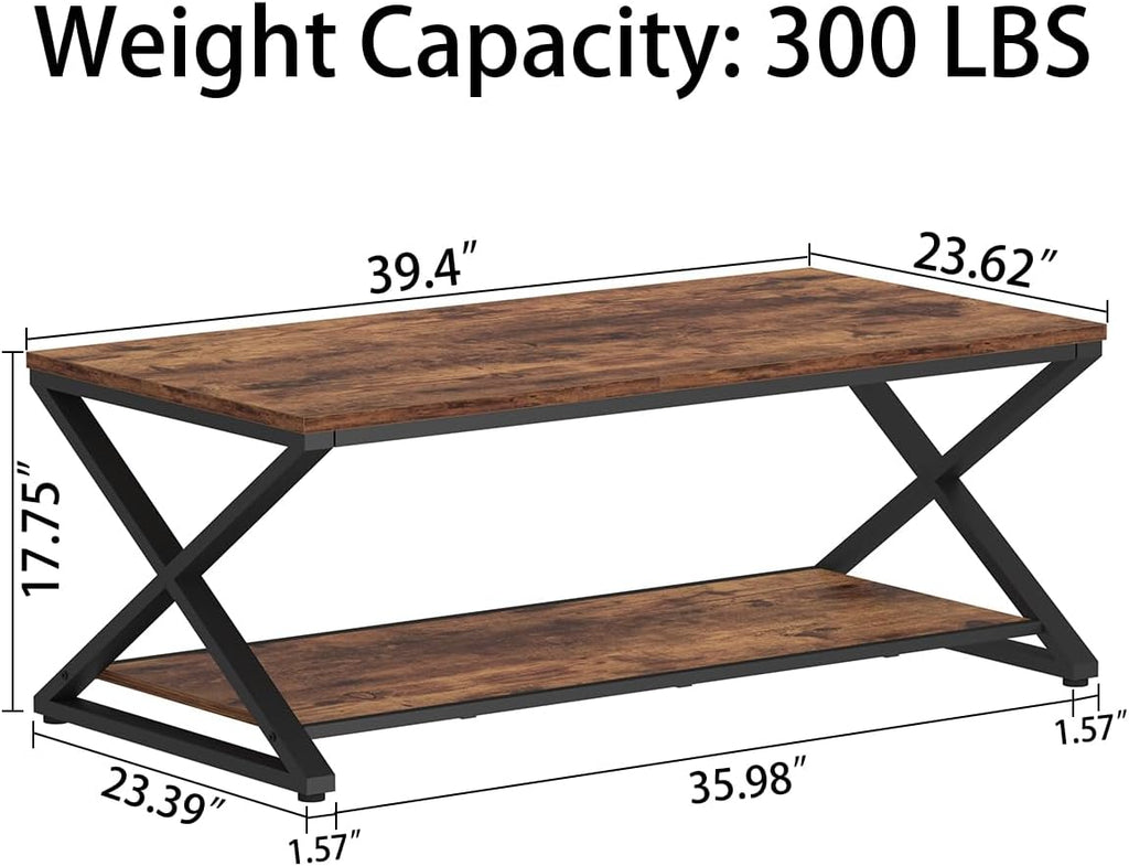 Wood Coffee Table with Storage, Farmhouse Rustic Brown Coffee Table, Modern Minimalist 2 Tier Center Table