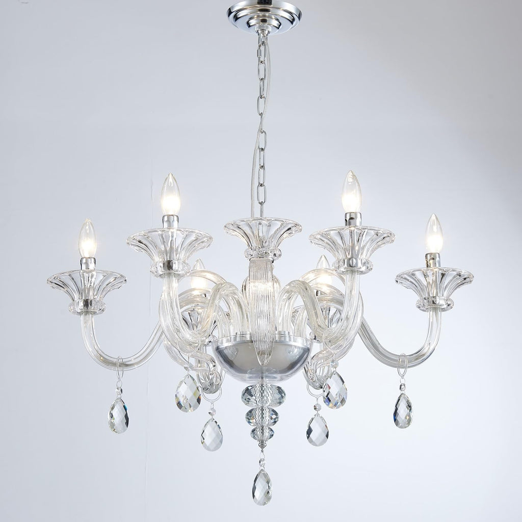 6 Light Crystal Chandelier, Modern Dining Room Lighting Fixture, Clear Pendant Light with Crystal Ball for Bedroom Livingroom, D26xW26xH18, E12 Socket