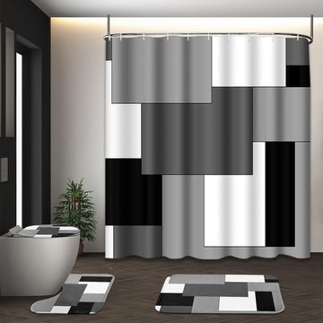 Grey Geometric Shower Curtain Set with Toilet Lid Cover and Non-Slip Rugs , Black White Checkered 4 Pcs Shower
