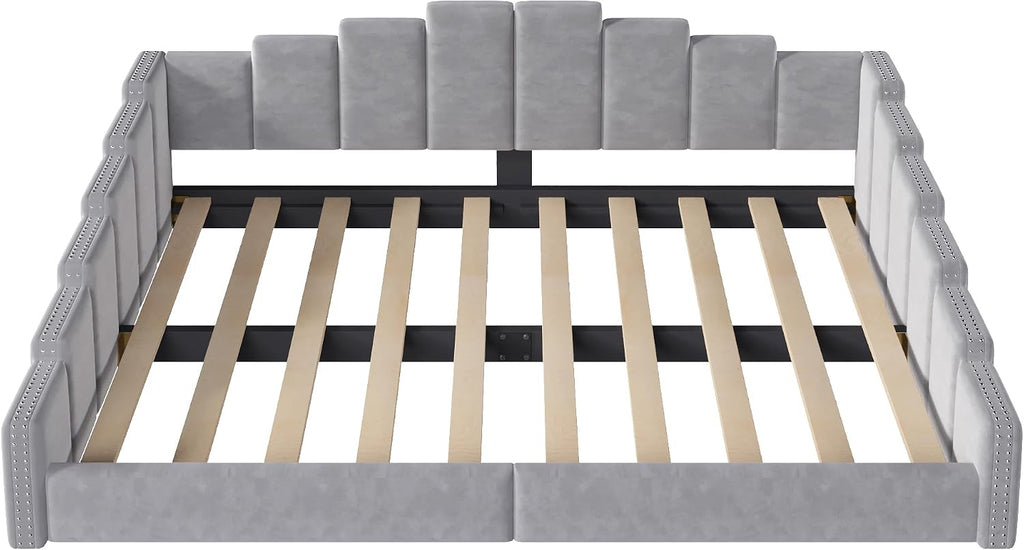 Upholstered Queen Size Daybed with Nailhead Trim, Velvet Platform Bed Frame, No Box Spring Needed, Gray | Velvet