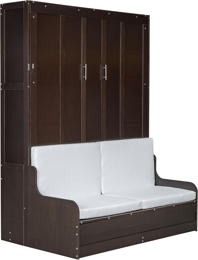 Queen Murphy Bed, Wooden Queen Murphy Bed Wall Bed with Sofa and Cushion, for Home Office or Small Room, Espresso
