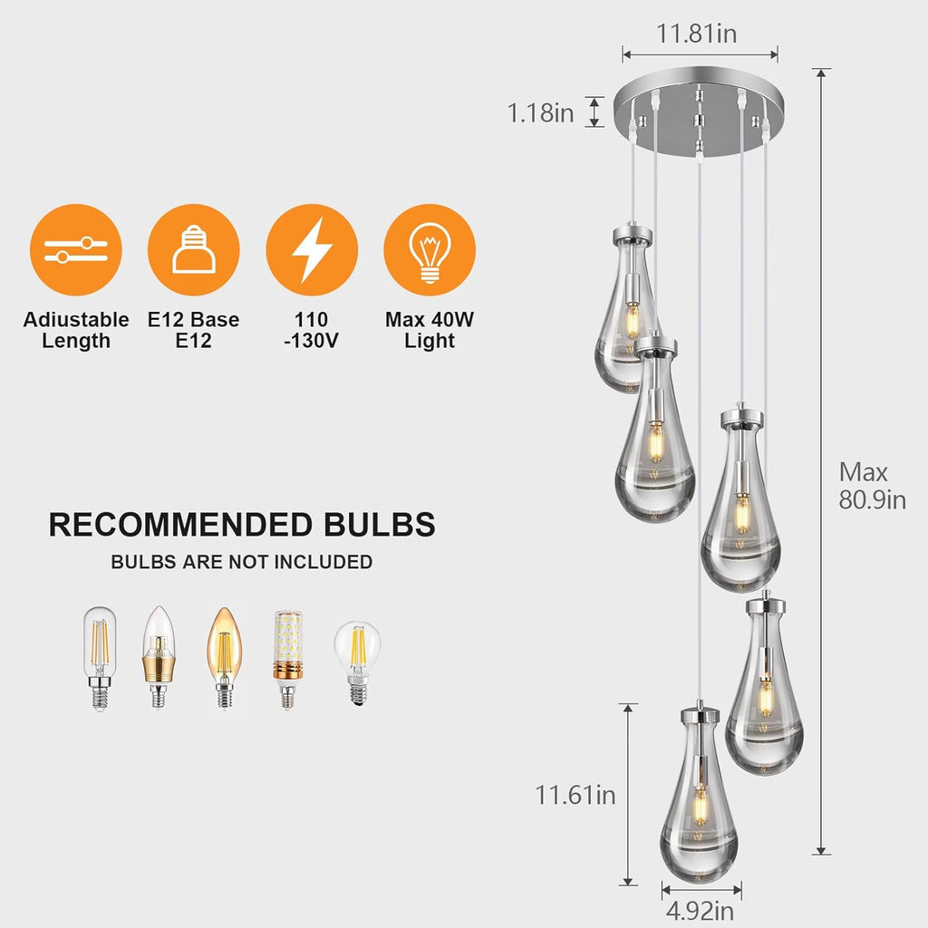 Raindrop Pendant Lights Kitchen Island Teardrop Chrome Hanging Light Fixtures Clear Solid Glass Pendant Light Modern Chandeliers for Dining Room Porch Corridor Living Room (5-Light)