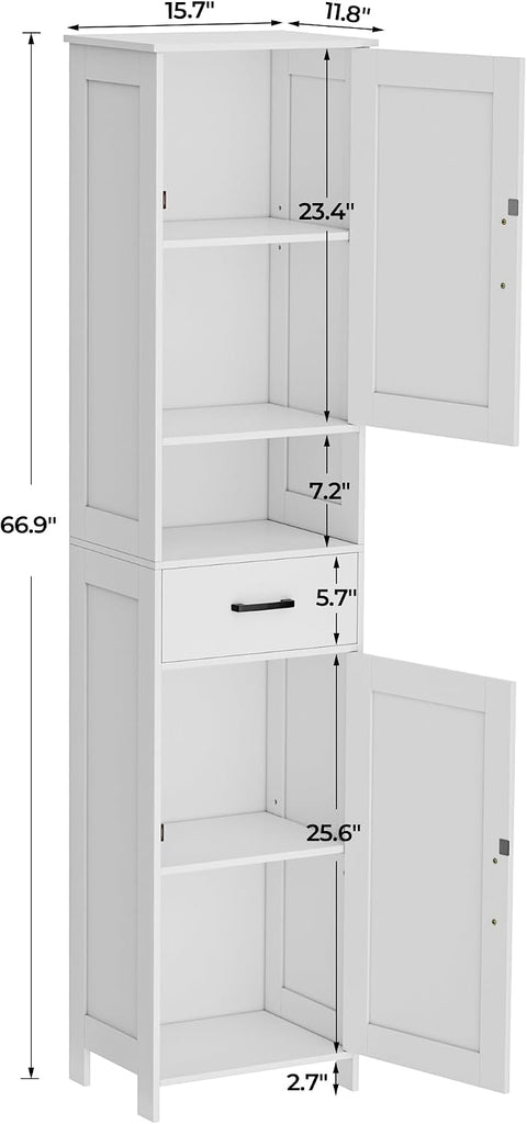 67" H Tall Bathroom Storage Cabinet with Barn Doors and Drawer | Narrow Storage Unit with Adjustable Shelves, Floor