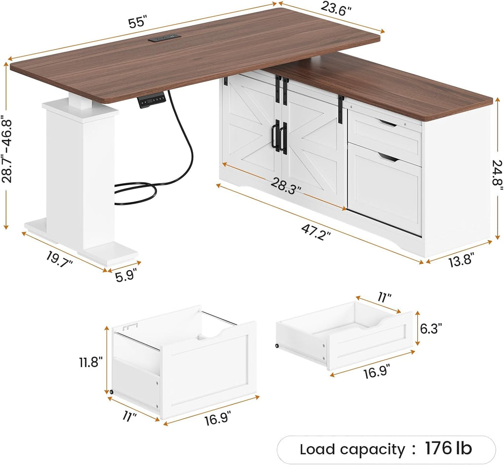 Farmhouse L Shaped Standing Desk, 55 inch Height Adjustable Corner Desk with Storage Drawers