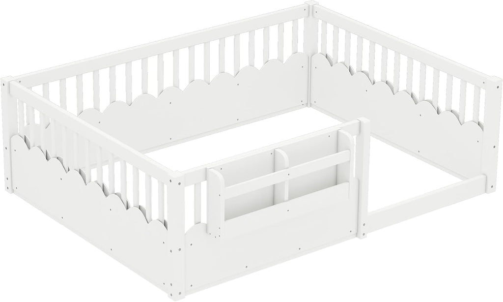 Full Floor Bed with Bookshelf and Safety Guardrail, Full Size Montessori Floor Bed with Fence, Easy Assemble