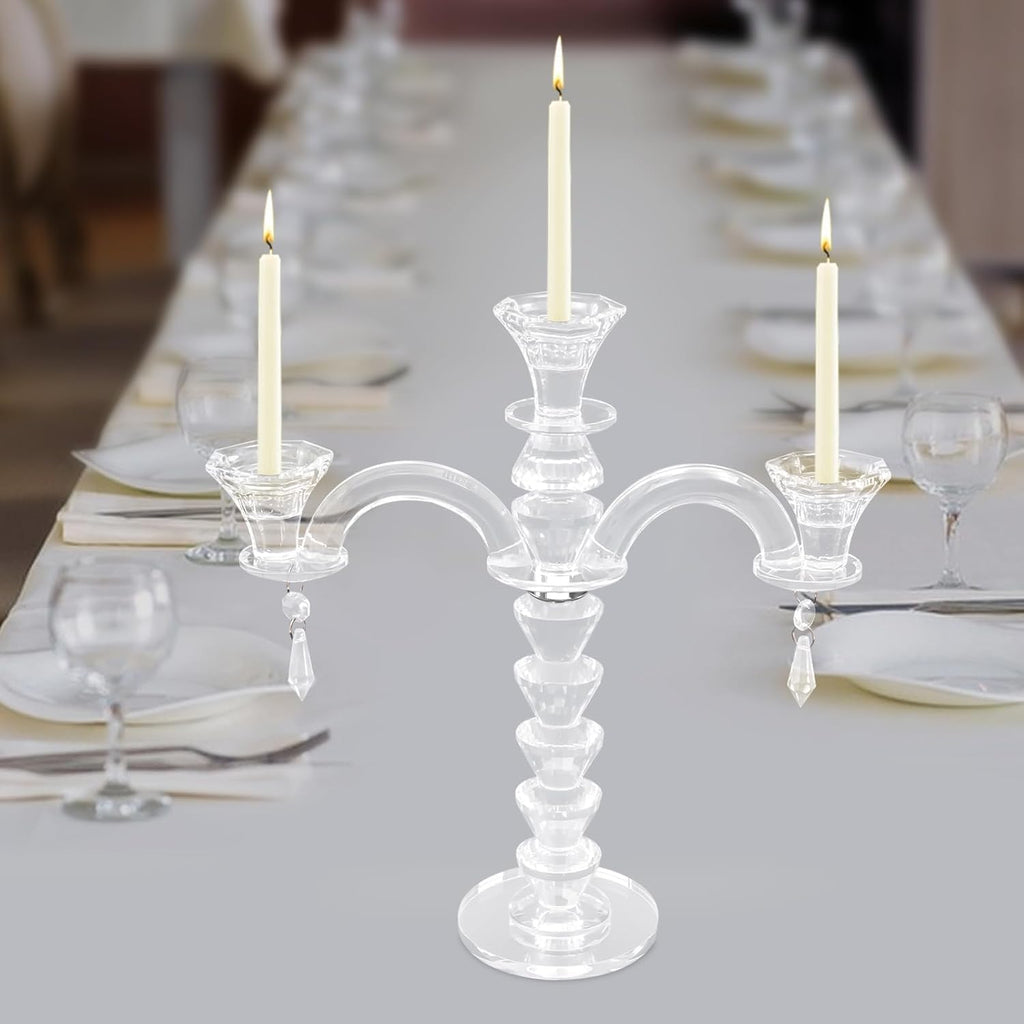 3 Arm Crystal Candelabra Centerpieces for Tables, Crystal Glass Taper Candle Holder Candelabra with Chandelier Chains