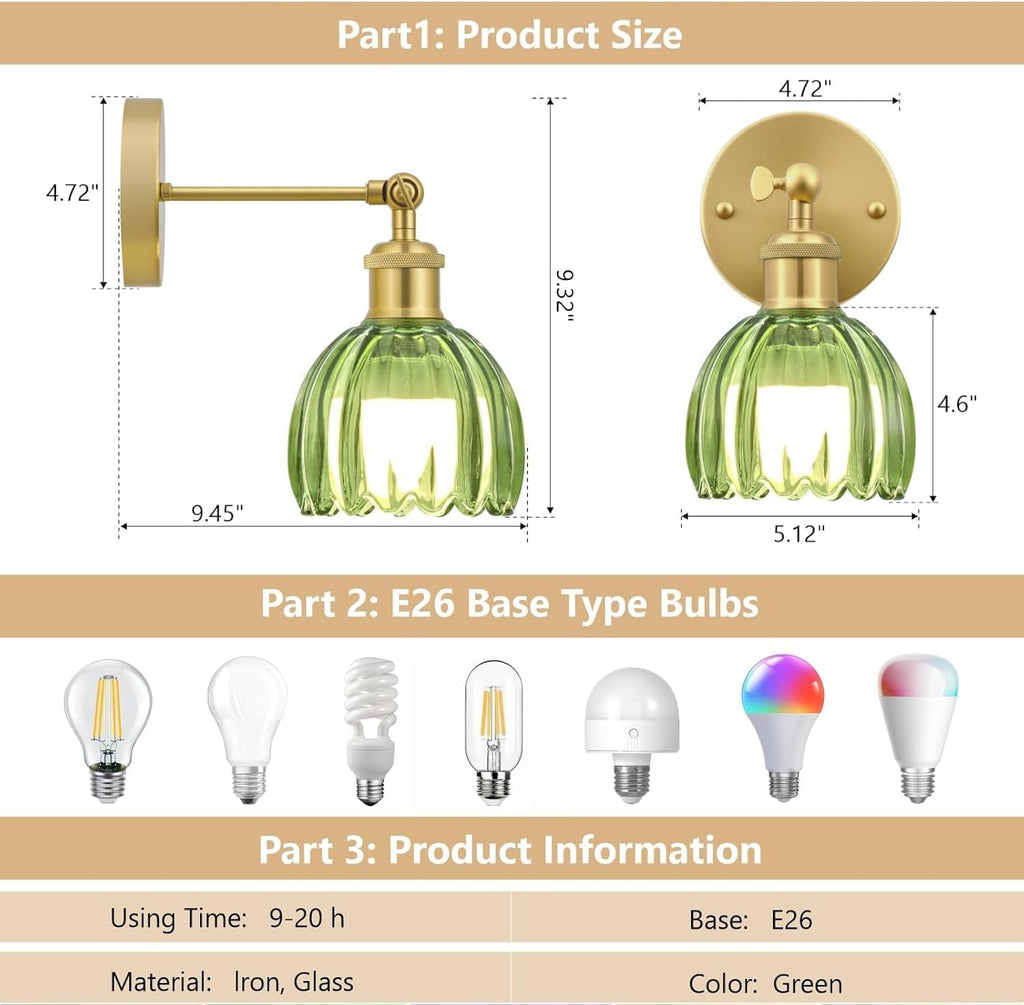 Vintage Battery Operated Wall Sconce, Green Tulip Glass Lampshade Wireless Rechargeable Battery Powered LED Wall