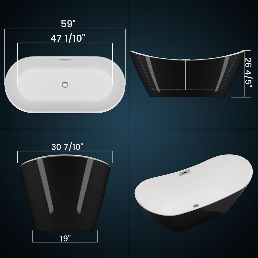 59 Inch Freestanding Bathtub, Acrylic, Deep Soaking Tub with Non-Slip Base, Modern Black Free Standing Tub for