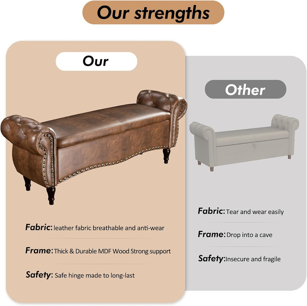 Storage Ottoman Bench, 51" Length Upholstered End of Bed Storage Bench with Safety Hinge, Tufted Bed Benches with