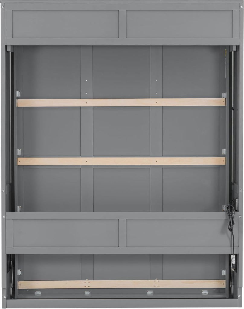 Queen Murphy Bed with Desk, LED Lights and USB Charging Ports, Wall-Mounted Space-Saving Bed, Solid MDF + Plywood